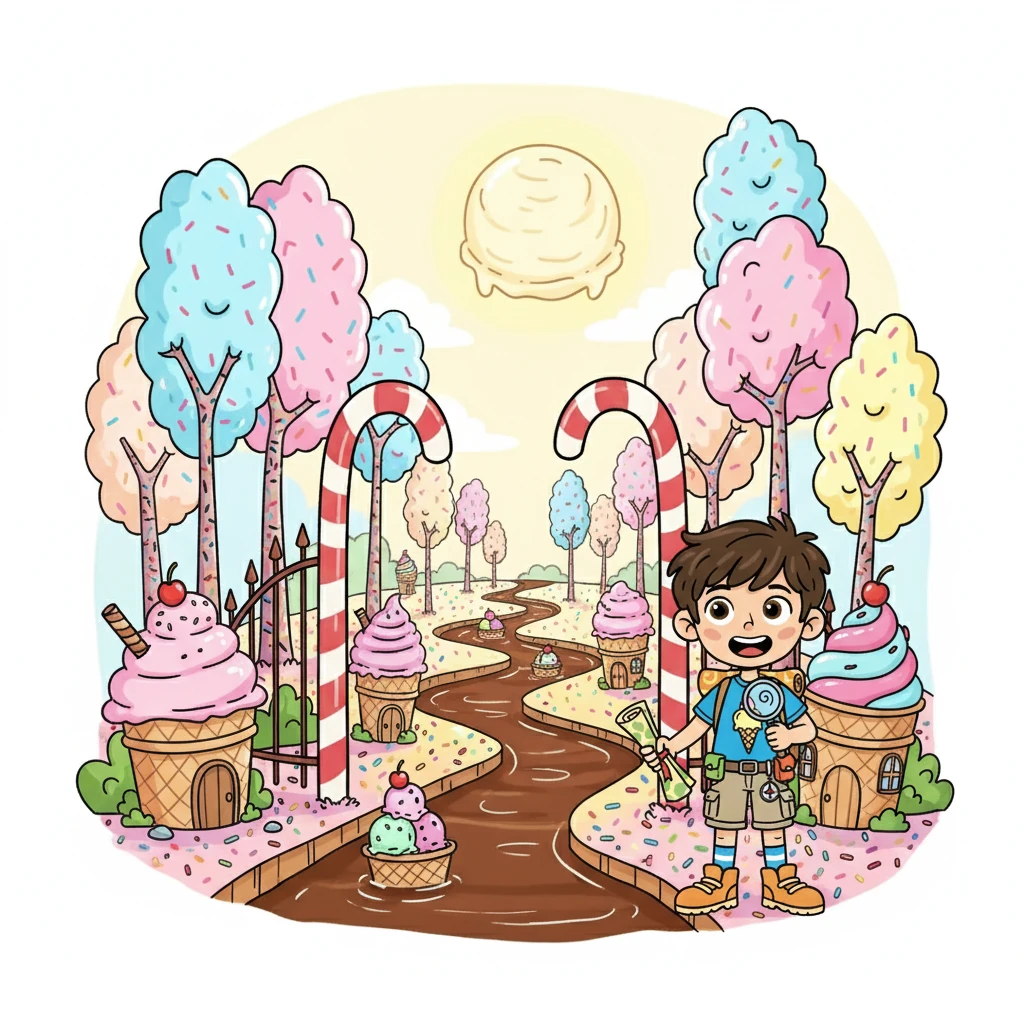 Saat mereka melangkah melalui gerbang, mereka tiba di Pulau Es Krim! Pohon-pohon permen kapas menjulang tinggi, sungai cokelat mengalir, dan rumah-rumah berbentuk kerucut es krim berdiri di mana-mana. Mereka terpesona oleh keajaiban pulau itu.