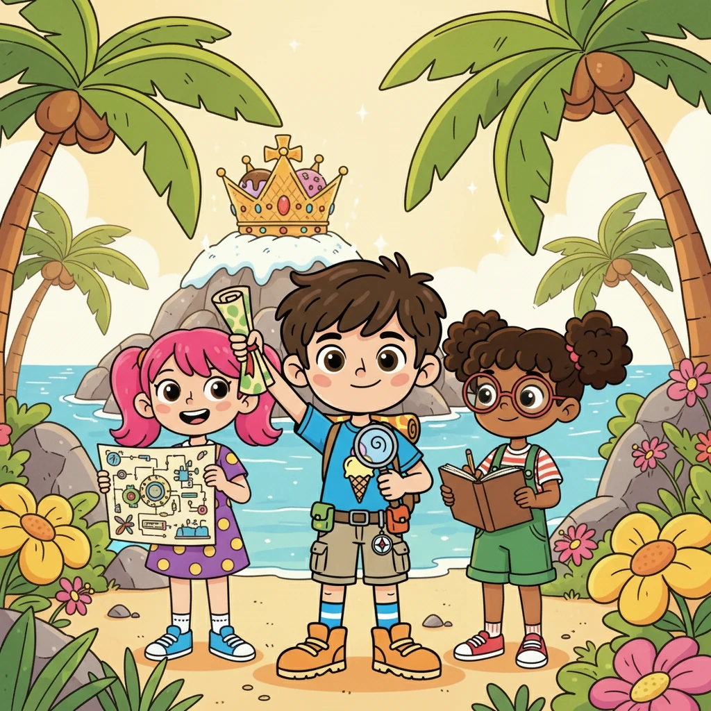 Hafiz memimpin dengan berani, Fitri selalu siap dengan ide-ide cemerlang, dan Rara dengan hati-hati mencatat semua yang mereka lihat. Mereka memutuskan untuk mencari harta karun mahkota raja es krim yang legendaris, yang konon tersembunyi di pulau itu.