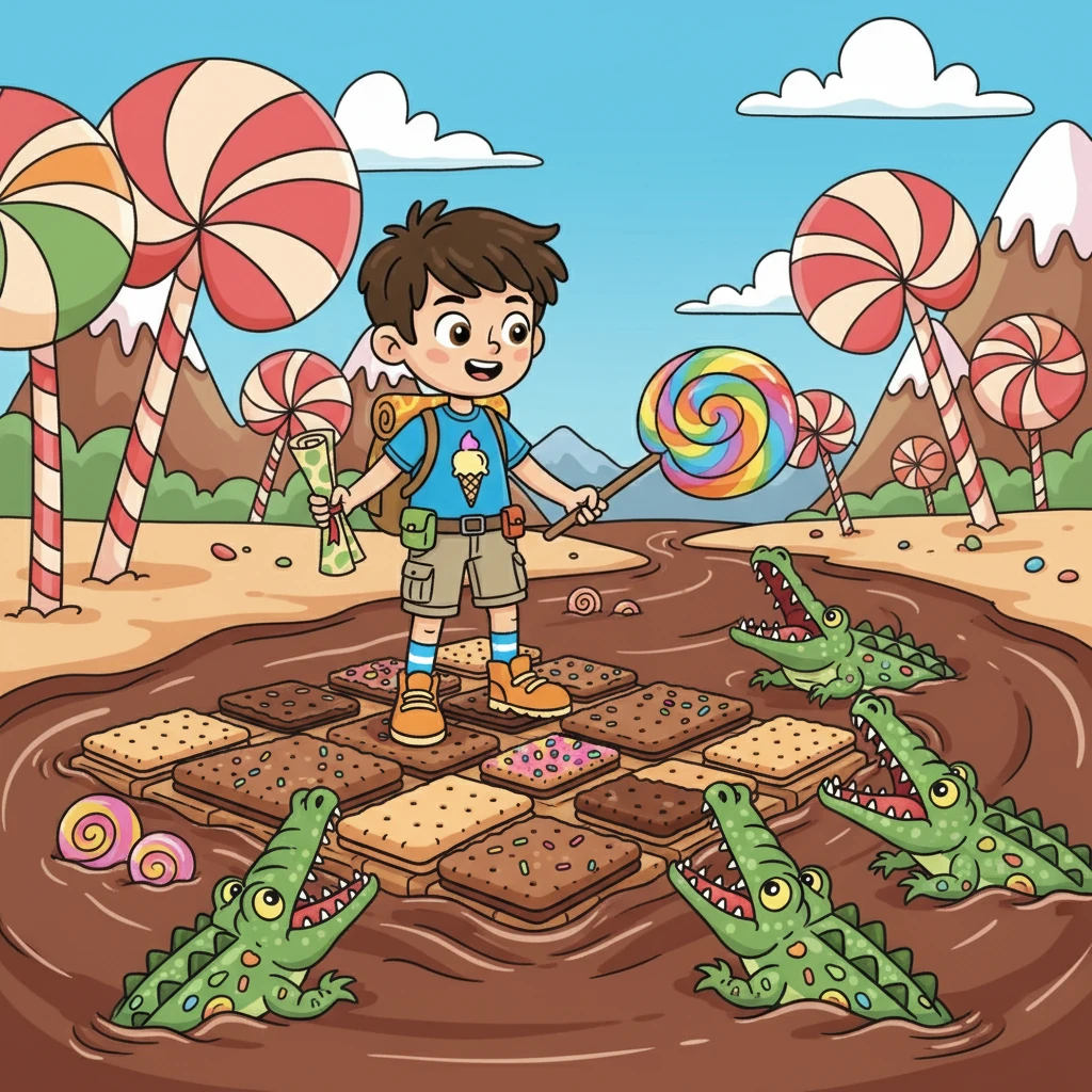 Perjalanan mereka dimulai dengan menyeberangi Sungai Cokelat menggunakan rakit yang terbuat dari biskuit. Mereka harus berhati-hati agar tidak dimakan oleh buaya permen yang lapar. Fitri menemukan cara untuk mengalihkan perhatian buaya dengan permen lolipop.