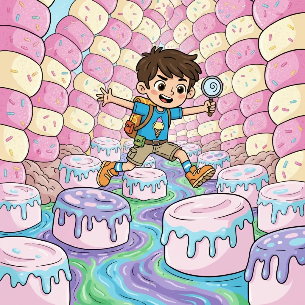 Selanjutnya, mereka menghadapi Hutan Marshmallow yang lengket. Mereka harus melompat dari satu marshmallow ke marshmallow lainnya, menghindari jebakan yang tersembunyi. Hafiz menunjukkan keberaniannya dengan memimpin lompatan.