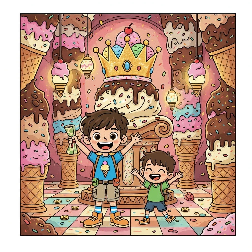 Dengan memecahkan teka-teki, mereka menemukan ruang harta karun! Di tengah ruangan, mahkota raja es krim yang berkilauan terletak di atas alas es krim. Mereka sangat gembira karena telah berhasil!