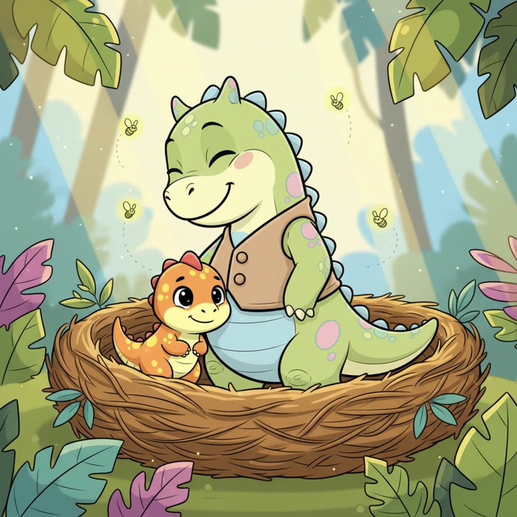 Mama Dino, a towering but gentle green dinosaur with a warm smile, nuzzles her little orange baby, Sunny, who peeks out shyly from behind her leg in their cozy, leafy nest. Sunlight filters through giant jungle leaves, illuminating playful fireflies dancing nearby. Sunny's eyes are wide with curiosity, but her tiny tail is tucked in.