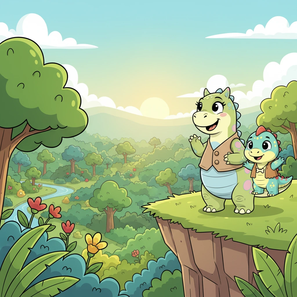 Mama Dino gazes out at the vibrant jungle, her eyes twinkling. She tells Sunny that the world is a magnificent place full of wonders, but sometimes it takes a brave heart and a fearless spirit to explore it. Sunny listens intently, imagining the big world beyond their home.