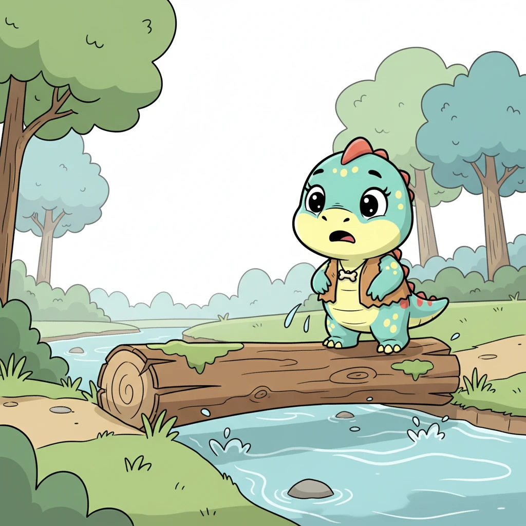 Their first adventure leads them to a gurgling stream with a wobbly log bridge spanning across it. Sunny's eyes grow wide with apprehension, her little claws gripping the ground firmly. The log looks long and very jiggly, making her tummy flutter.