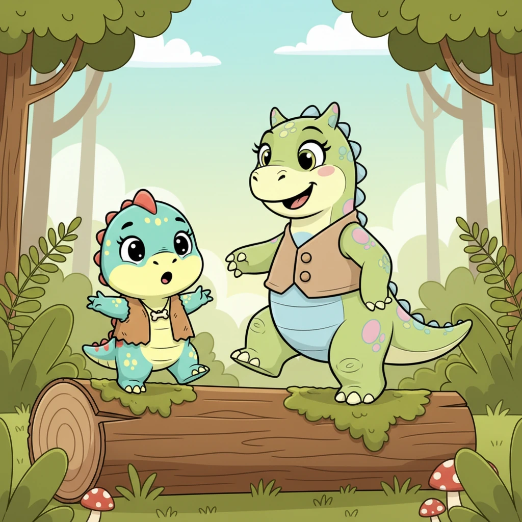 Mama Dino gently encourages Sunny, showing her how to place one foot carefully in front of the other on the log. She demonstrates with a slow, steady step, her big smile reassuring Sunny. "You can do it, my little one," she coos softly.