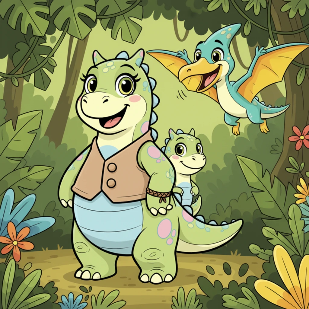 Deeper in the jungle, a friendly, brightly colored Pterodactyl swoops down with a loud, joyful squawk, startling Sunny. She quickly hides behind Mama Dino's legs, peeking out with wide, nervous eyes. The Pterodactyl tilts its head curiously, a big grin on its beak.