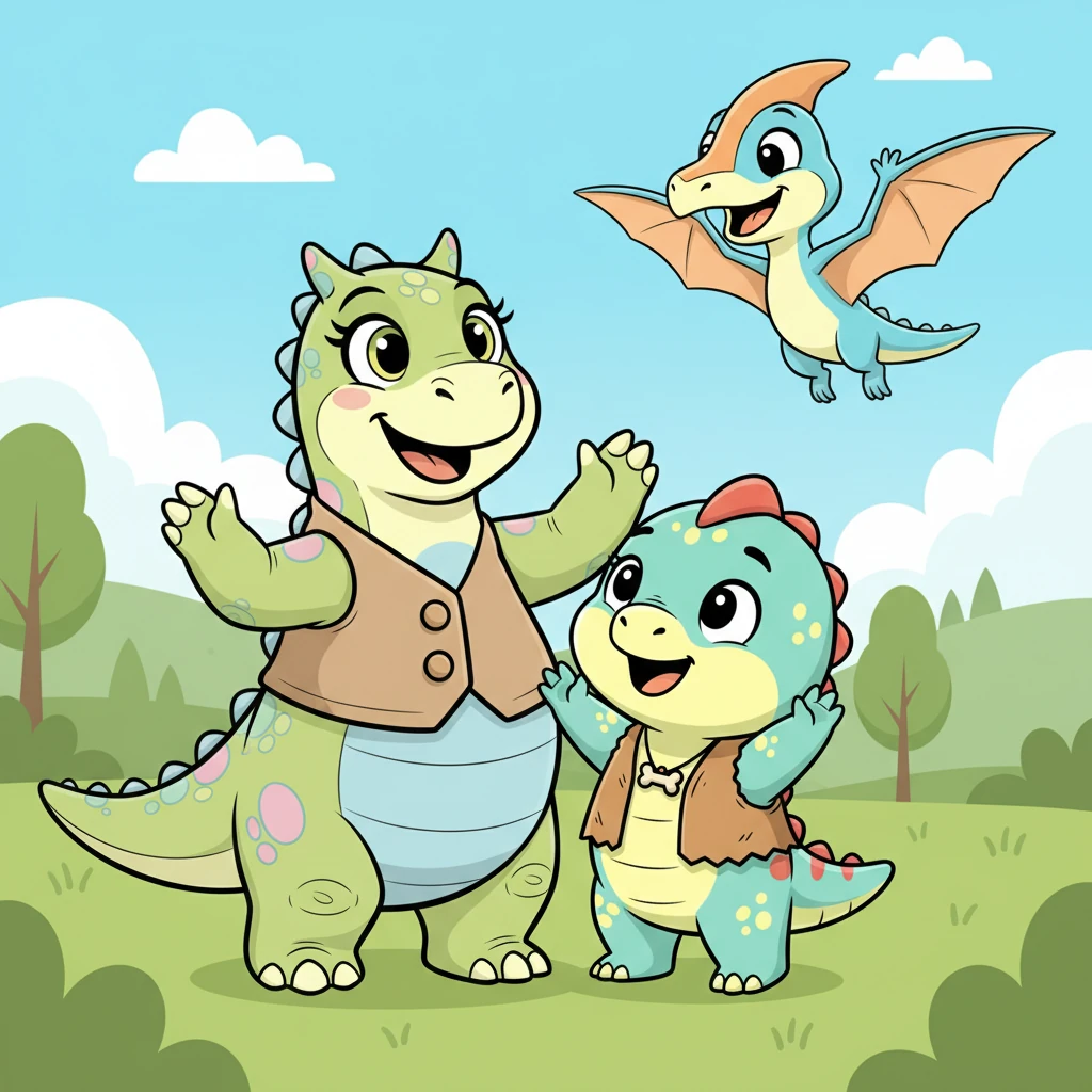 Mama Dino calmly waves to the Pterodactyl, showing Sunny that there's nothing to fear. She encourages Sunny to wave back, demonstrating a friendly hello with a big, open-mouthed smile. The Pterodactyl looks very approachable and eager to make friends.