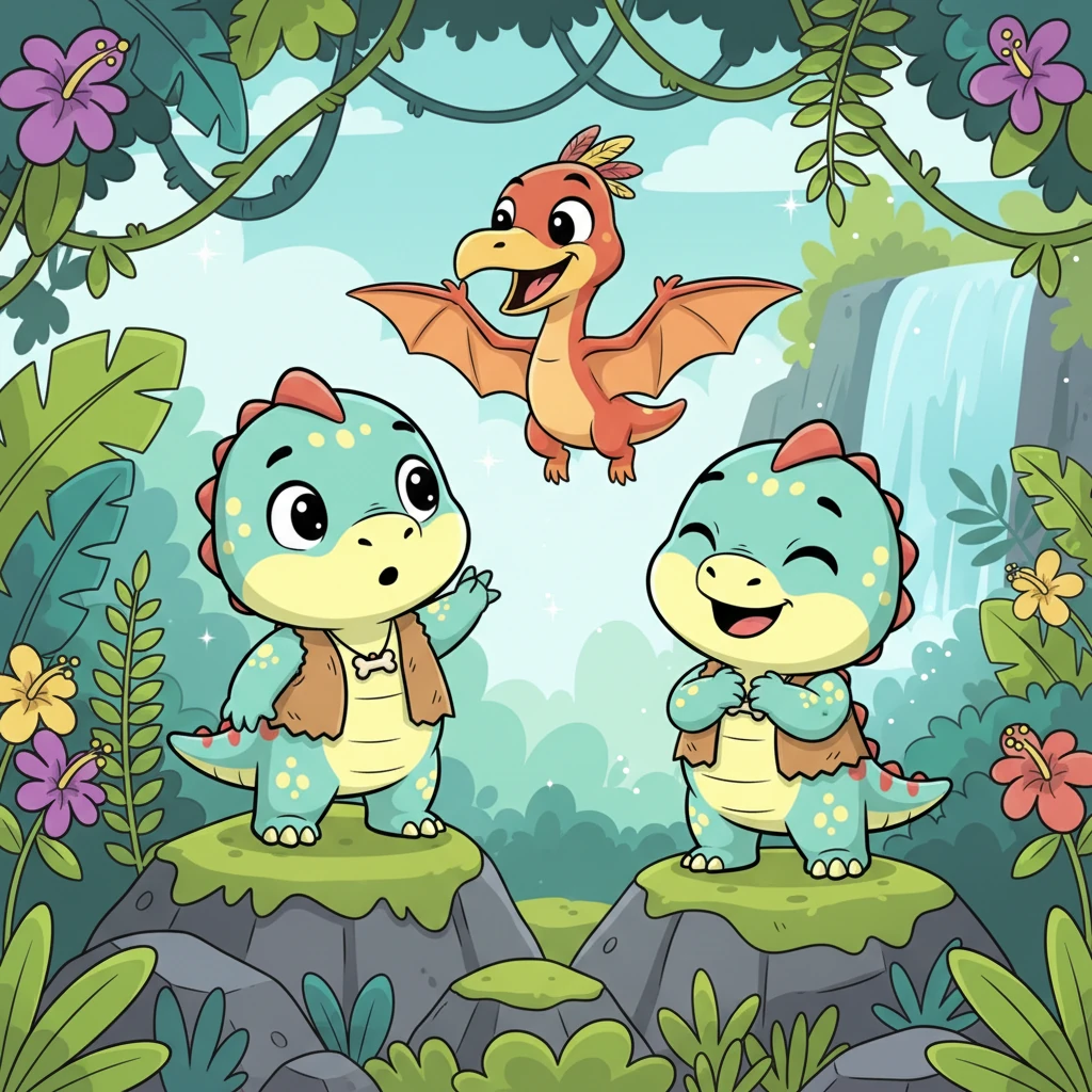 After a moment of hesitation, Sunny shyly lifts a tiny claw and gives a tentative wave. The Pterodactyl lets out a happy chirp and waves back with its wing, making Sunny giggle with surprise and delight. A new friend in the jungle!