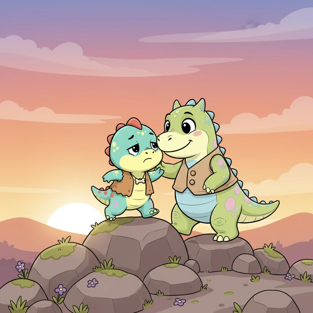As the day begins to fade, they climb a small, rocky hill. Sunny's legs are tired, but she wants to see the sunset from the very top. Mama Dino reminds her of her strength and how far she's already come, urging her onward with a gentle, loving nudge.