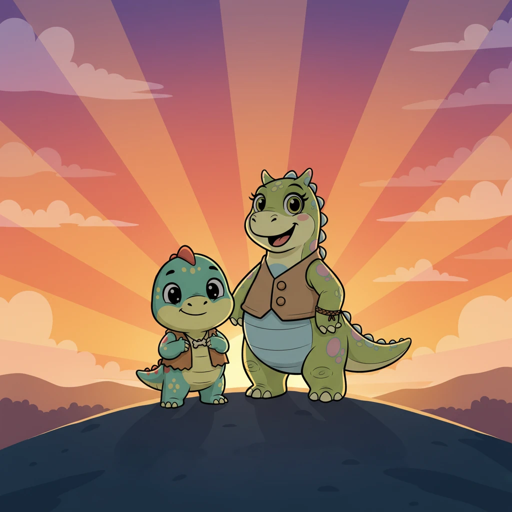 Finally, Sunny stands tall beside Mama Dino at the hilltop, watching the sky explode in hues of orange, pink, and purple. Her chest swells with pride and a newfound sense of bravery. She feels strong, fearless, and ready for whatever comes next, her tiny silhouette outlined against the magnificent sunset.