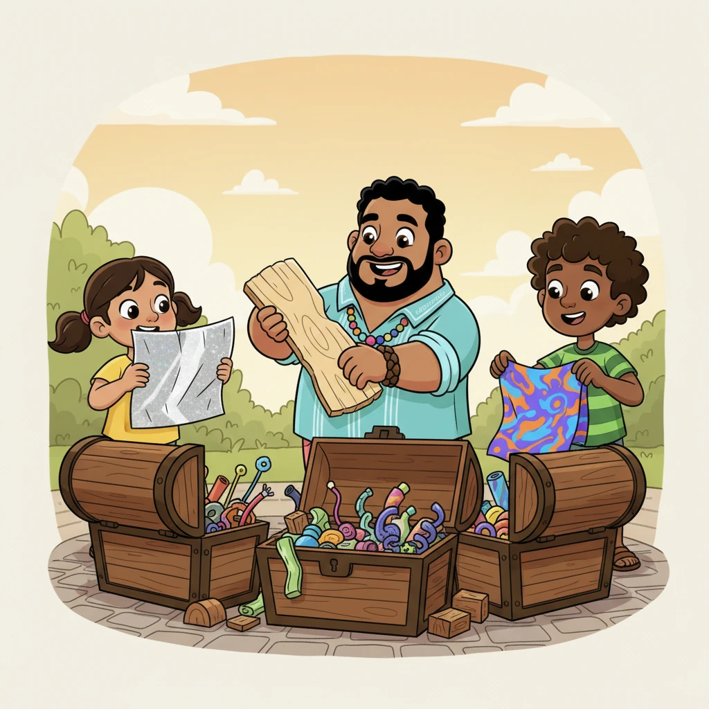 Con gran emoción, Marcos y algunos amigos abrieron las cajas, revelando un tesoro de materiales inusuales. Había trozos de madera de formas extrañas, láminas de metal brillantes y rollos de tela pintada con colores vivos. Era como un rompecabezas gigante, esperando ser ensamblado.