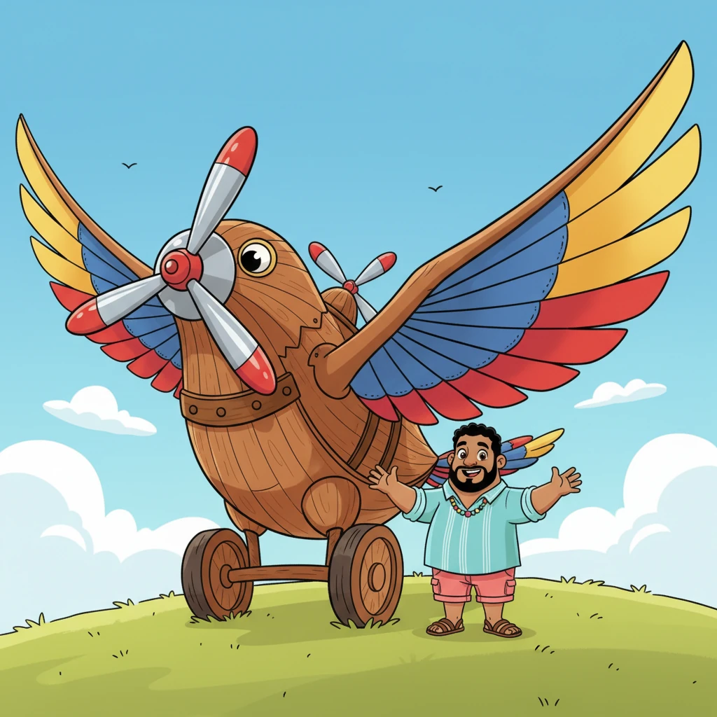 ¡Por fin! La increíble creación de Marcos tomó forma completa. Era un pájaro gigantesco, con alas anchas que prometían volar y una hélice brillante montada en su espalda. Parecía sacado de un sueño, listo para despegar hacia el cielo azul con un solo empuje.