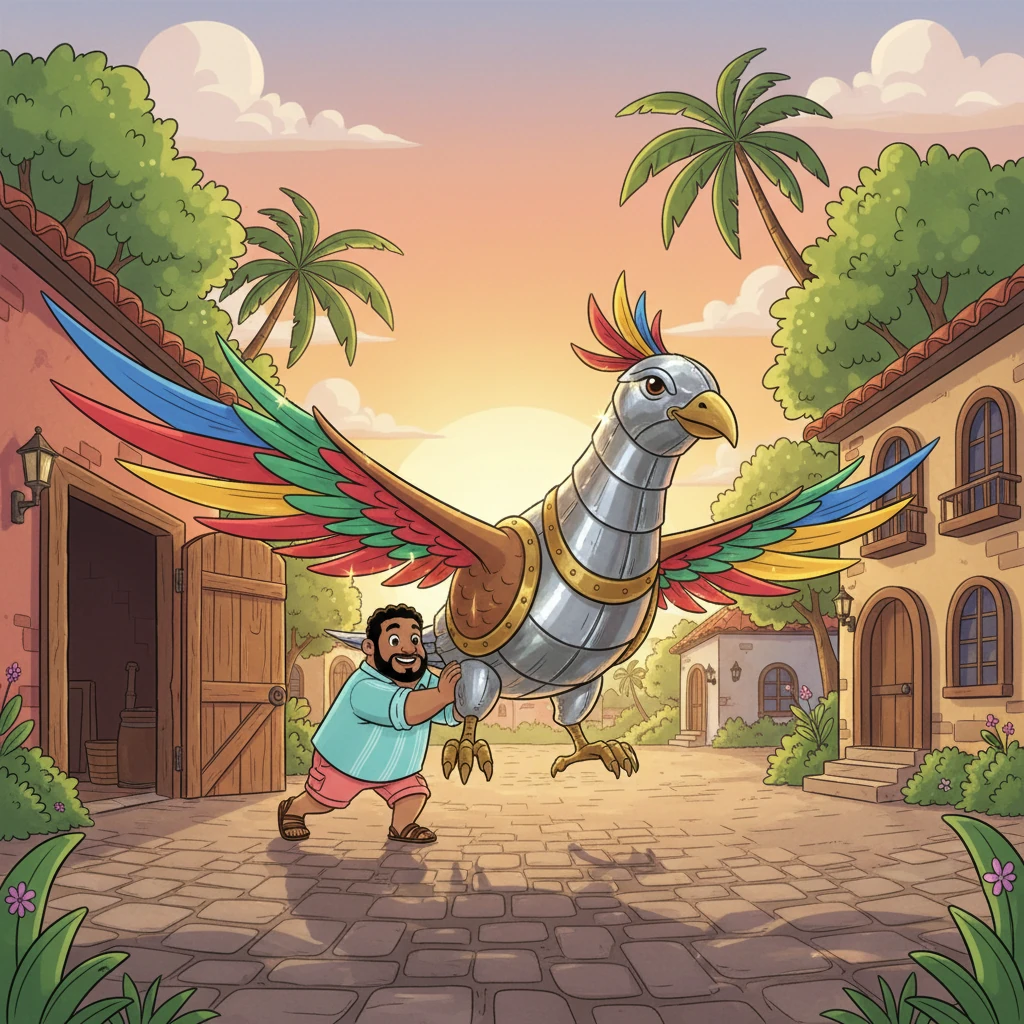 Con una sonrisa radiante, Marcos empujó su invención fuera del taller y la colocó en el centro del patio. El sol de la tarde se reflejaba en el metal pulido y las telas coloridas, haciendo que el pájaro brillara con una magia especial. Estaba listo para ser admirado por todos.