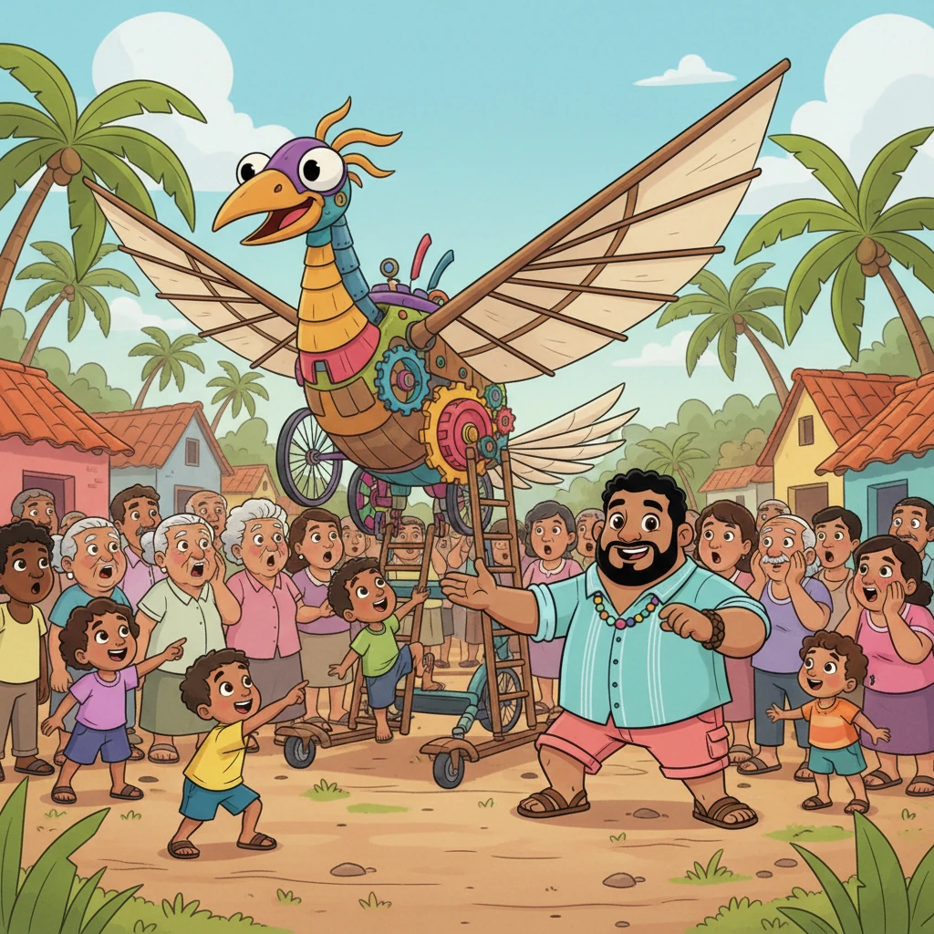 El rumor del "pájaro gigante" se extendió rápidamente por el pueblo. Pronto, una multitud de vecinos, desde niños risueños hasta abuelos curiosos, se agolpó en el patio de Marcos. Murmullos de asombro y exclamaciones de sorpresa llenaron el aire mientras todos contemplaban la maravillosa máquina.