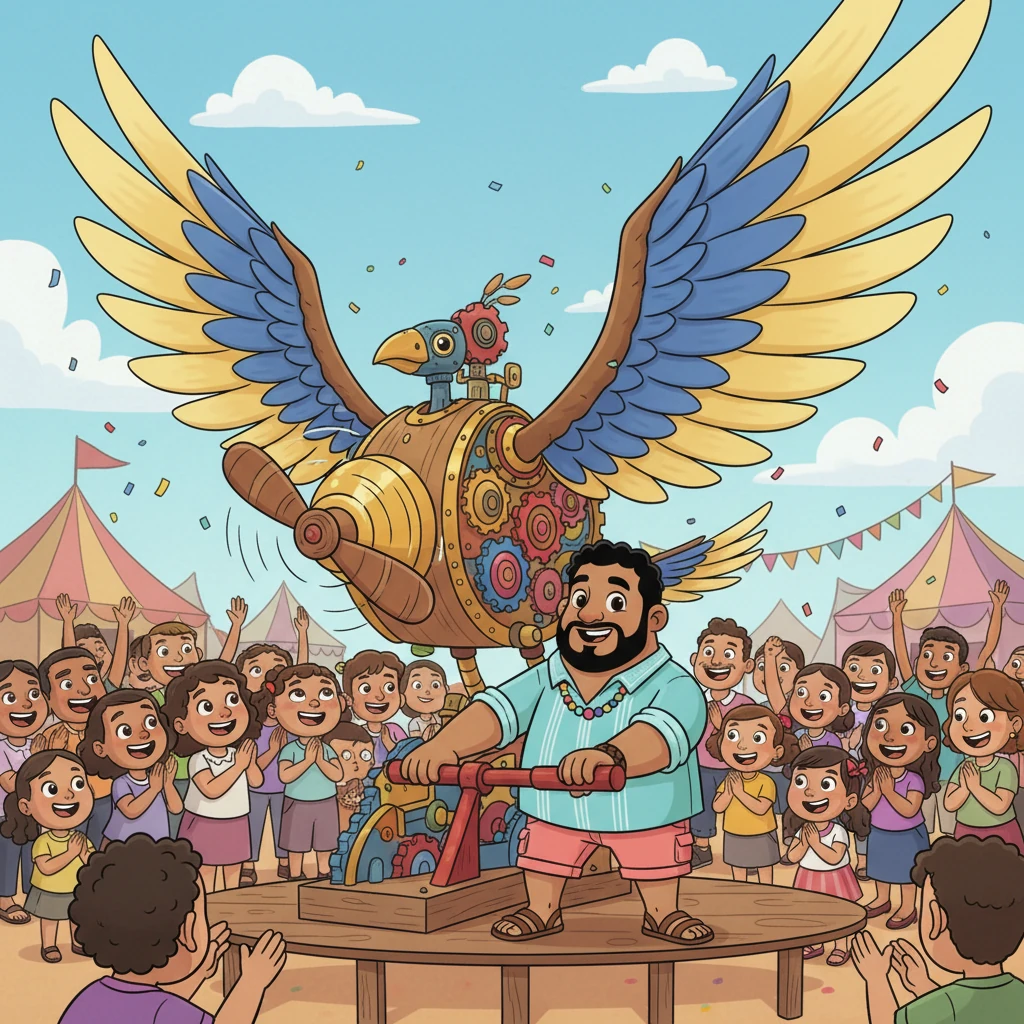 Marcos, con una chispa en los ojos, demostró las características de su pájaro. Movió una palanca y las enormes alas se extendieron y plegaron con gracia. Luego, activó la hélice, que giró zumbando suavemente, llenando el ambiente de una emoción palpable. La multitud aplaudió con entusiasmo.