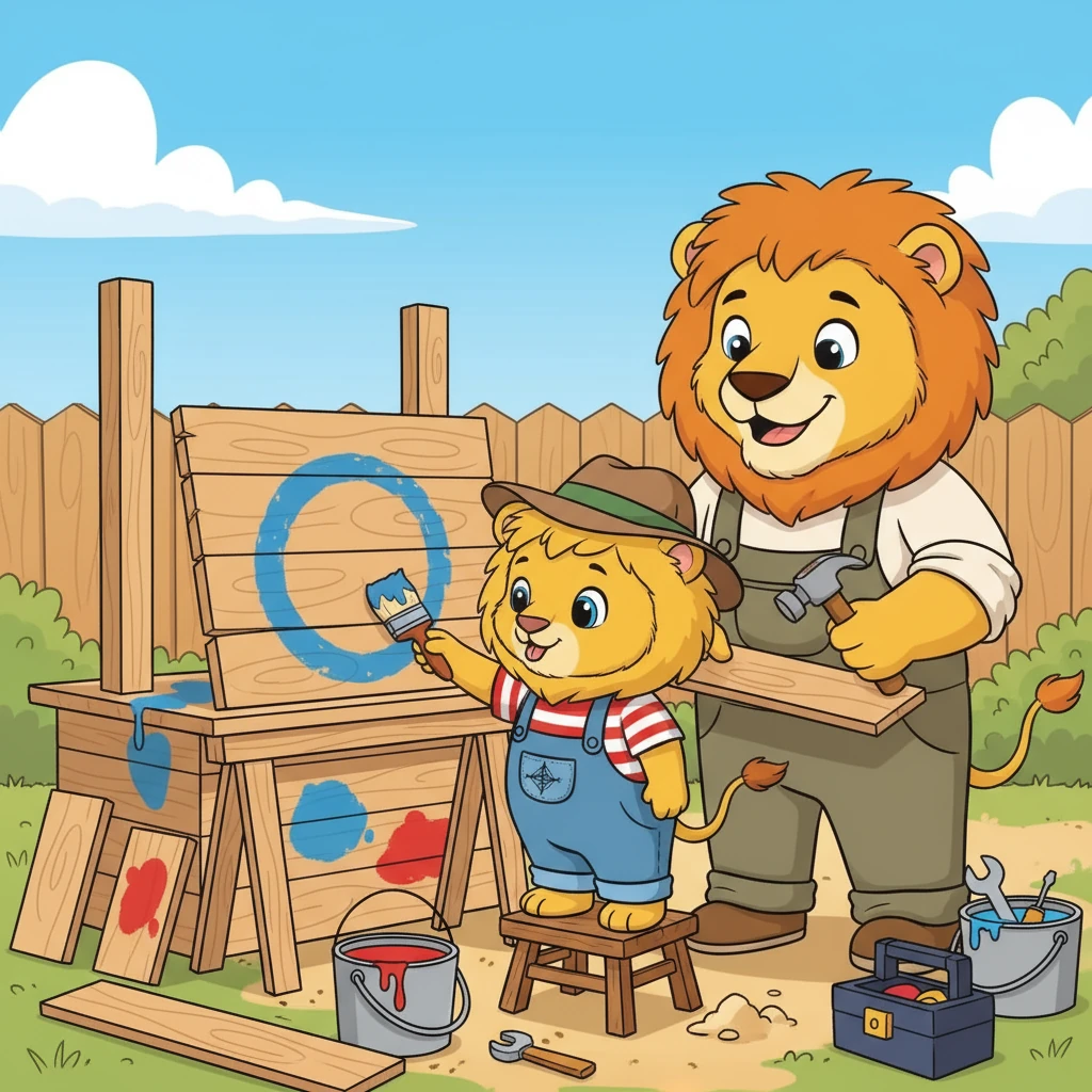 Next came the construction. Leo's dad helped him build a simple stand from wood and some bright paint. Leo carefully painted the sign, his tongue sticking out in concentration, ready to welcome his first customers.