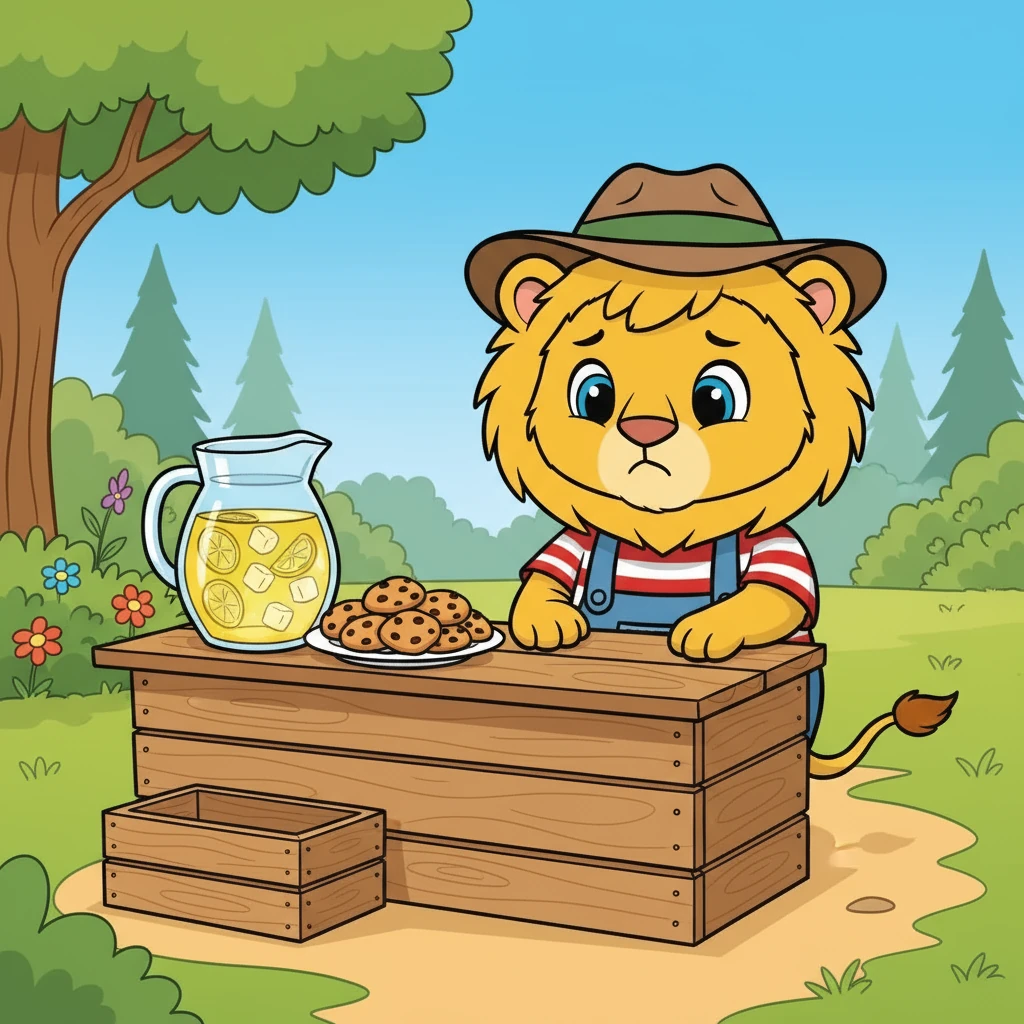 The day arrived! Leo set up his stand, arranging the lemonade in a big pitcher and the cookies on a plate. But… no one came. Leo's smile began to fade; he felt a little bit discouraged.