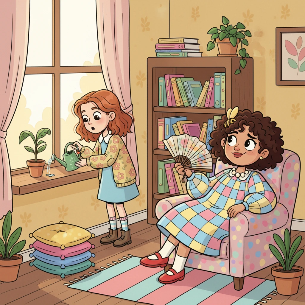 Jo hums a tune, watering a tiny potted plant on her windowsill, her face thoughtful and kind. Helen, her mother, sits nearby, dramatically fanning herself and looking unimpressed, a slight smirk playing on her lips. The room is a bit cluttered but full of colorful, mismatched furniture.