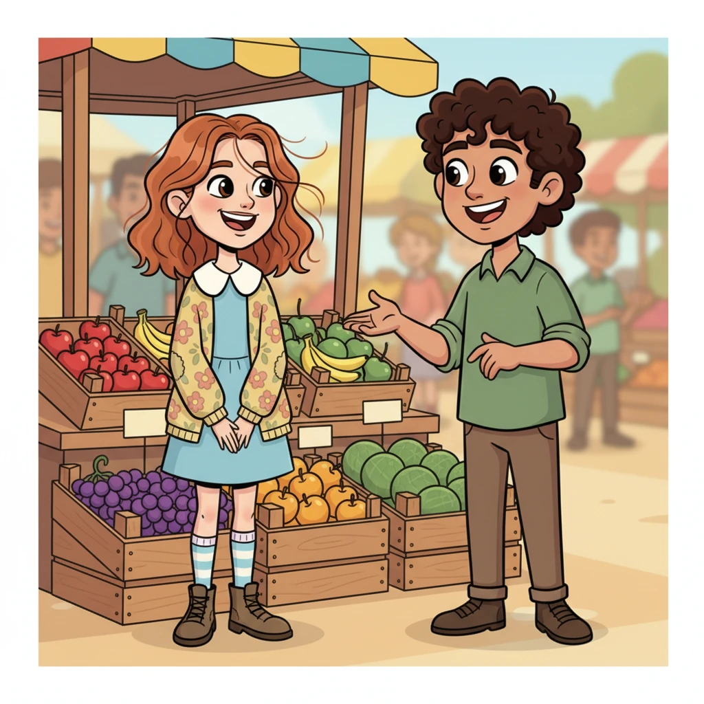 One sunny afternoon, Jo meets Jimmie, a charming young man with a warm smile, by a vibrant market stall overflowing with fresh fruit. They share a playful laugh, their eyes twinkling as they connect instantly amidst the bustling crowd. A gentle breeze rustles their hair, hinting at a sweet, fleeting moment.