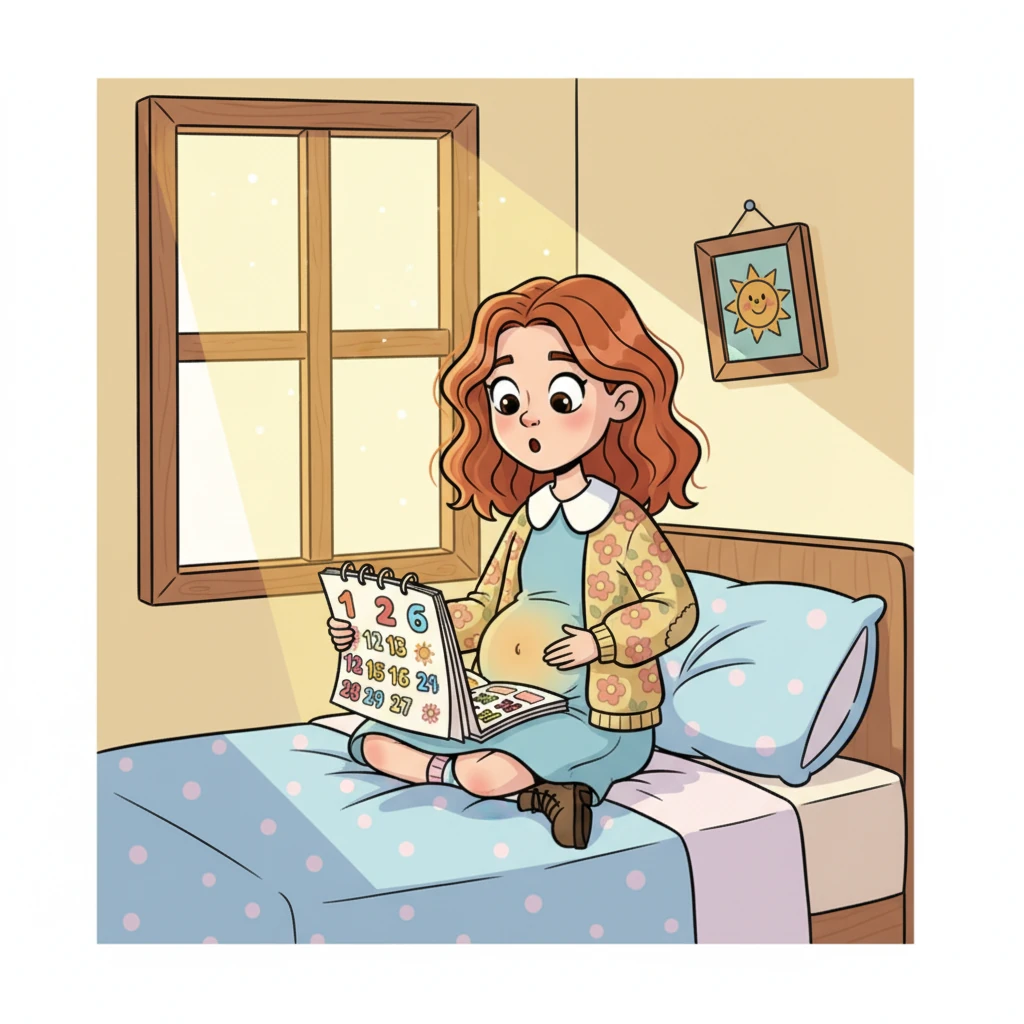 Later, Jo sits on her bed, a calendar open in her lap, a tiny, hopeful gasp escaping her lips. Her eyes widen in a mix of surprise and wonder, a small hand instinctively resting on her stomach. A single ray of sunshine streams through the window, illuminating her newfound secret.