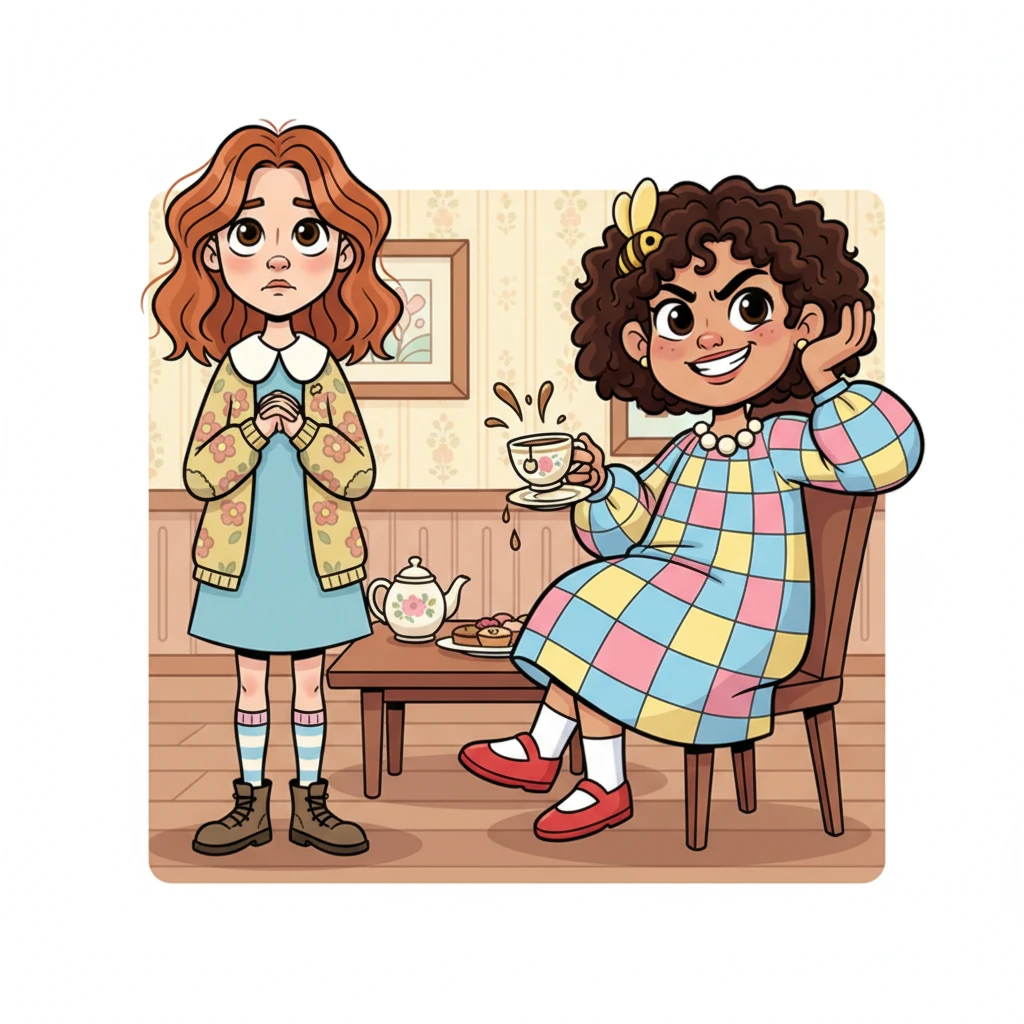 Jo nervously shares her news with Helen, who dramatically drops her teacup into its saucer with a clatter, raising a perfectly sculpted eyebrow. "Well, isn't that just *grand*," Helen drawls, her voice dripping with mock enthusiasm, a sarcastic smile plastered across her face. Jo's expression is a mix of hurt and quiet defiance.