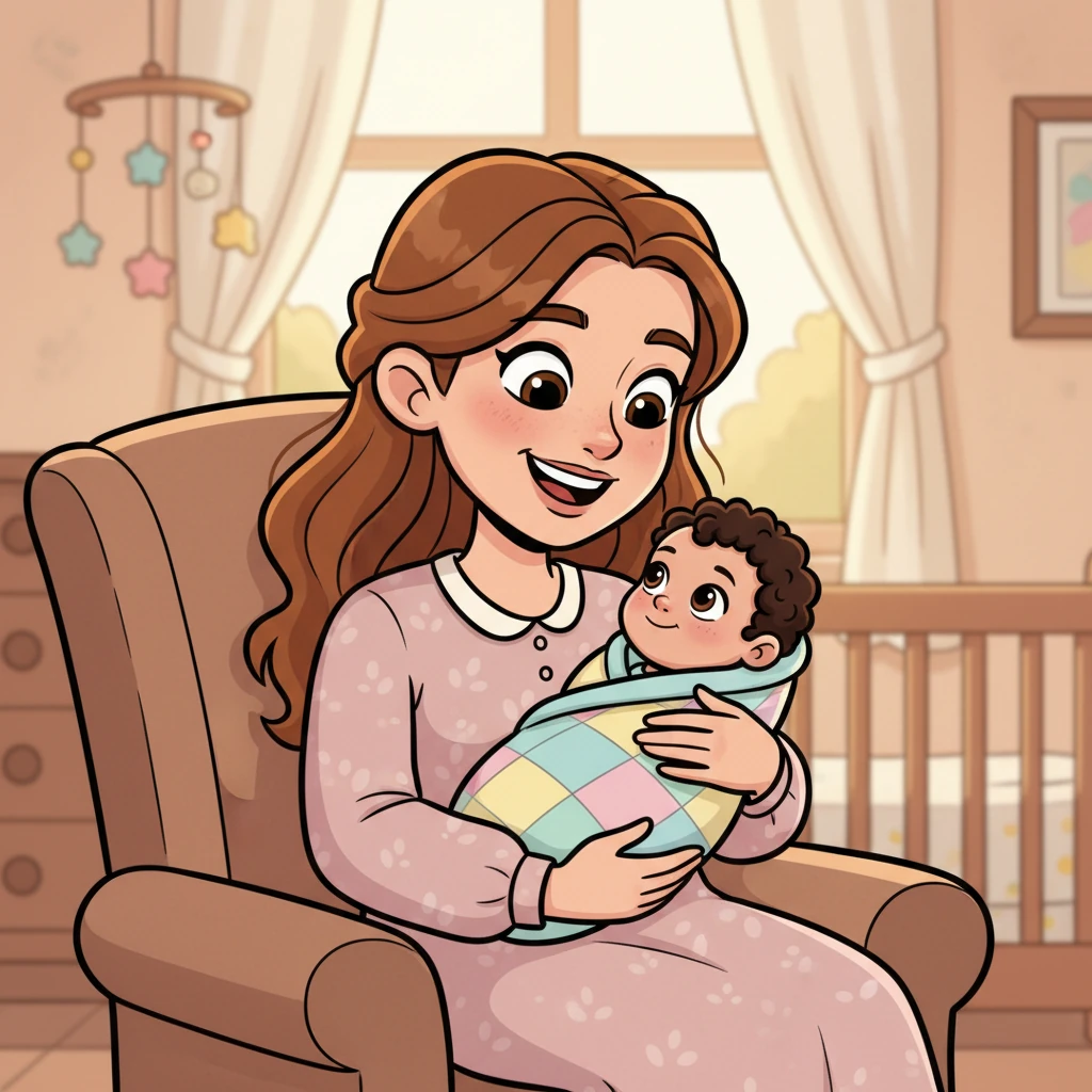 The day arrives, and Jo holds her precious newborn, a beautiful baby with soft, curly dark hair and bright, curious eyes, wrapped snugly in a colorful blanket. Jo's face glows with pure, unconditional love, a radiant smile spreading across her lips. It is the most magical moment imaginable.