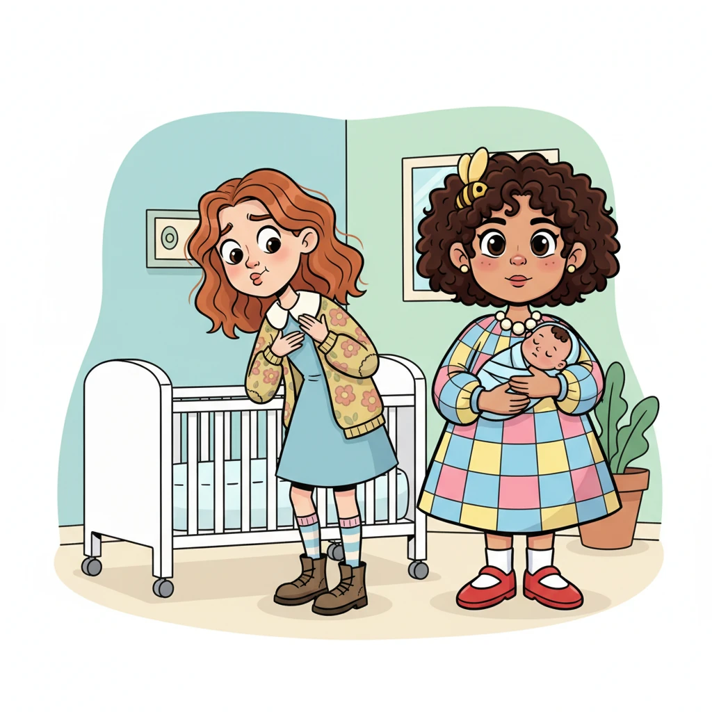 Helen visits the hospital, peering skeptically into the crib, her lips pursed in a thin line as she takes in the baby's features. "Oh, *my*," she remarks, feigning surprise with an exaggerated sigh, "what a... *unique* little bundle." Jo simply cradles her baby closer, her gaze unwavering.