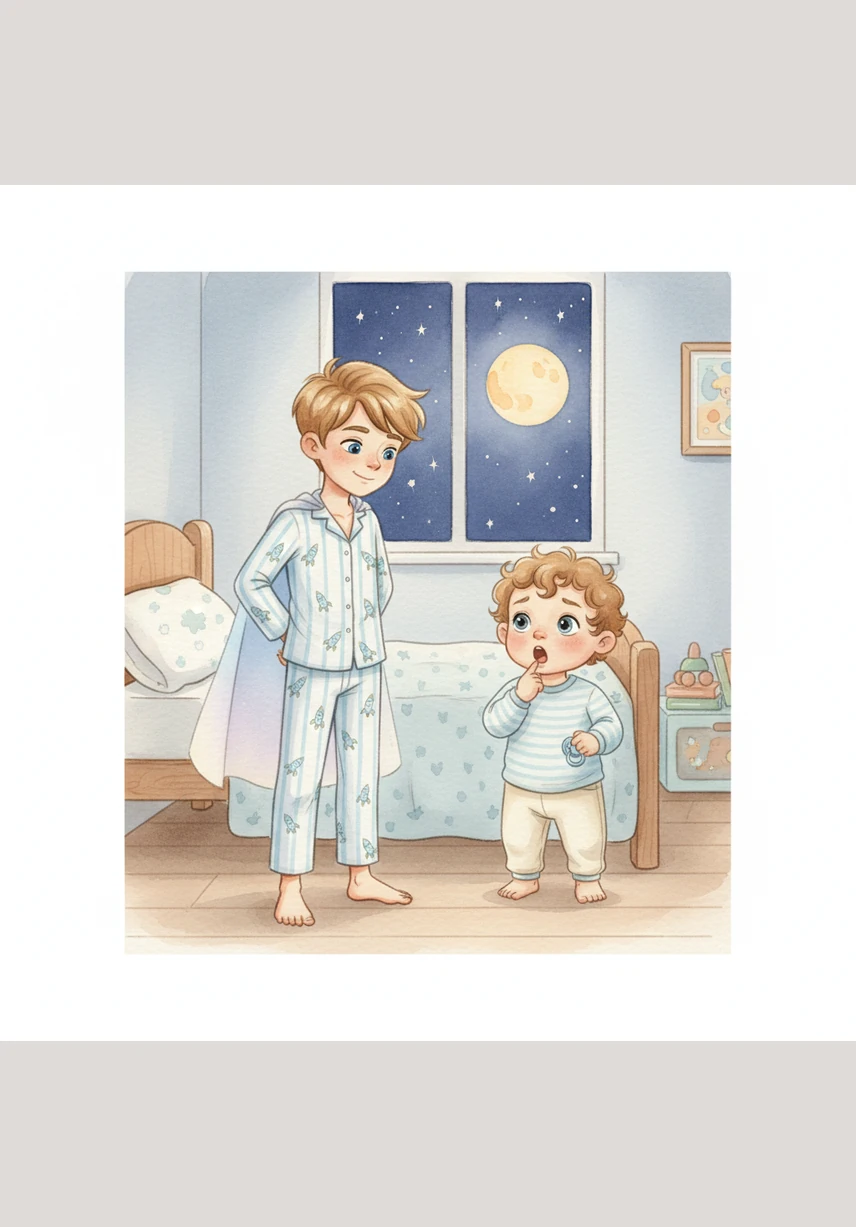 The moon is rising and the stars are out, signaling that it is time for bed. Eight-year-old Jayce is ready to tuck in, but two-year-old Jamir is pointing at his empty mouth with a worried look.