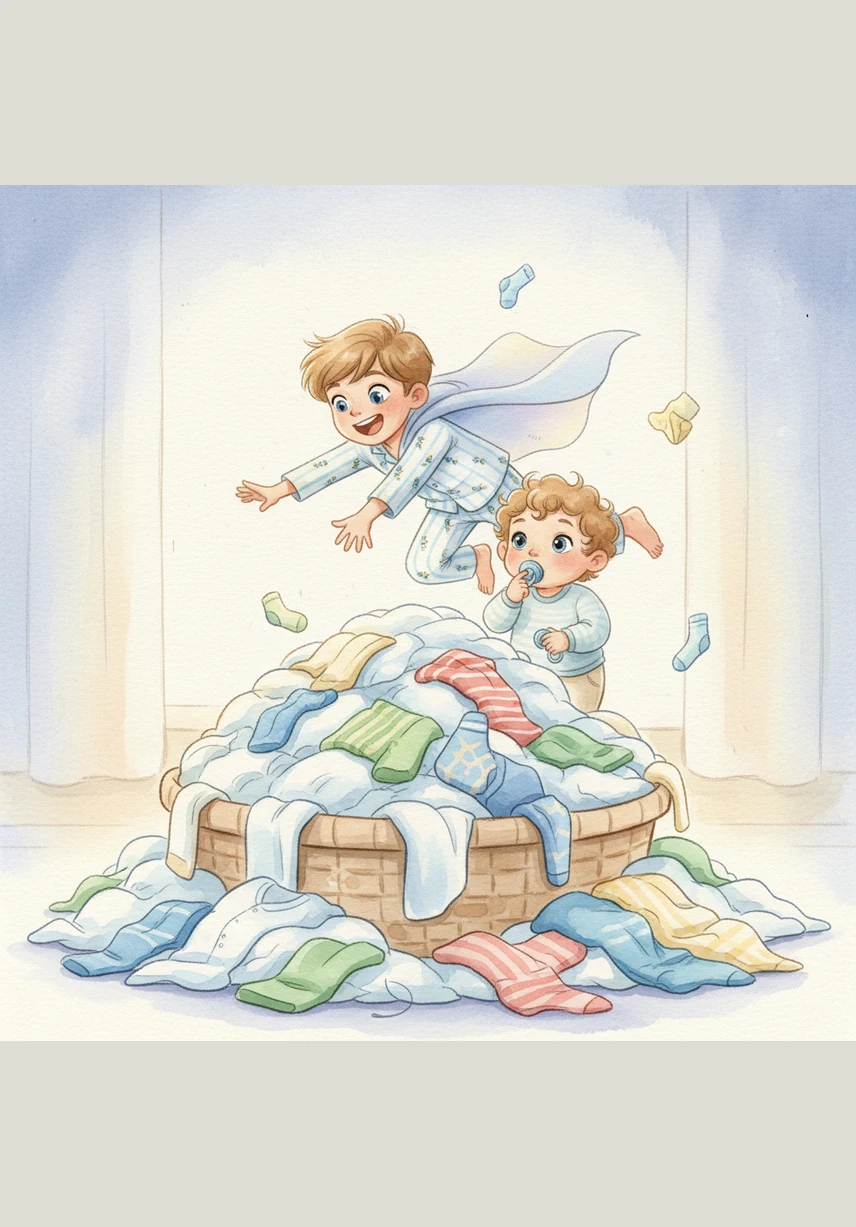 Next, they dive into the giant toy box, sending colorful blocks and race cars flying through the air. Jayce digs all the way to the bottom, but the little blue pacifier is nowhere to be found.