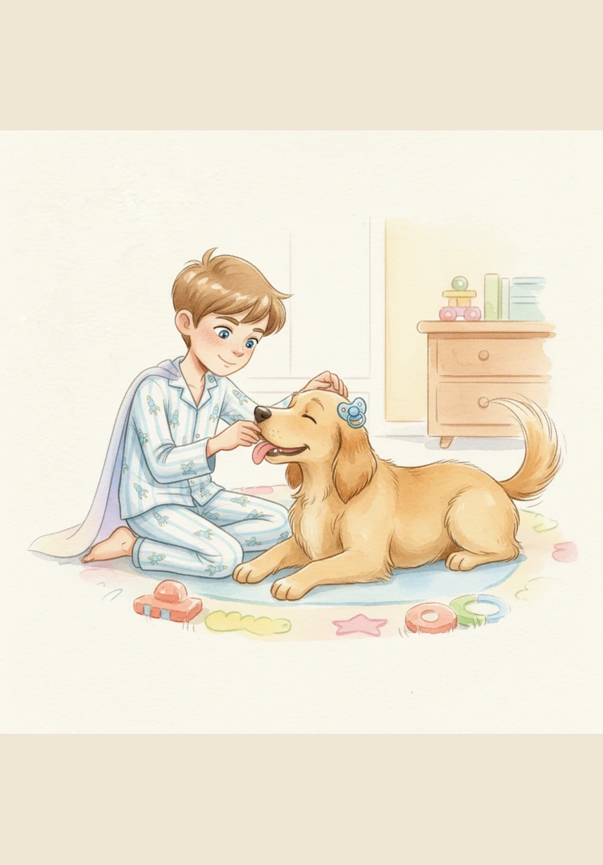 Even Buster the family dog gets a surprise visit as Jayce gently checks under his floppy ears and around his soft paws. Buster wags his tail and licks Jayce’s face, but he does not have the paci either.