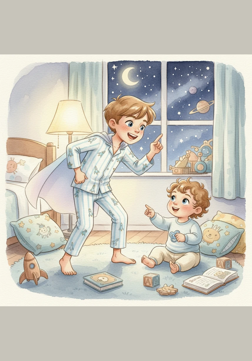 Suddenly, Jamir’s face lights up like a bright yellow sun as he remembers something important. He grabs Jayce’s hand and leads him down the long hallway toward their shared bedroom.