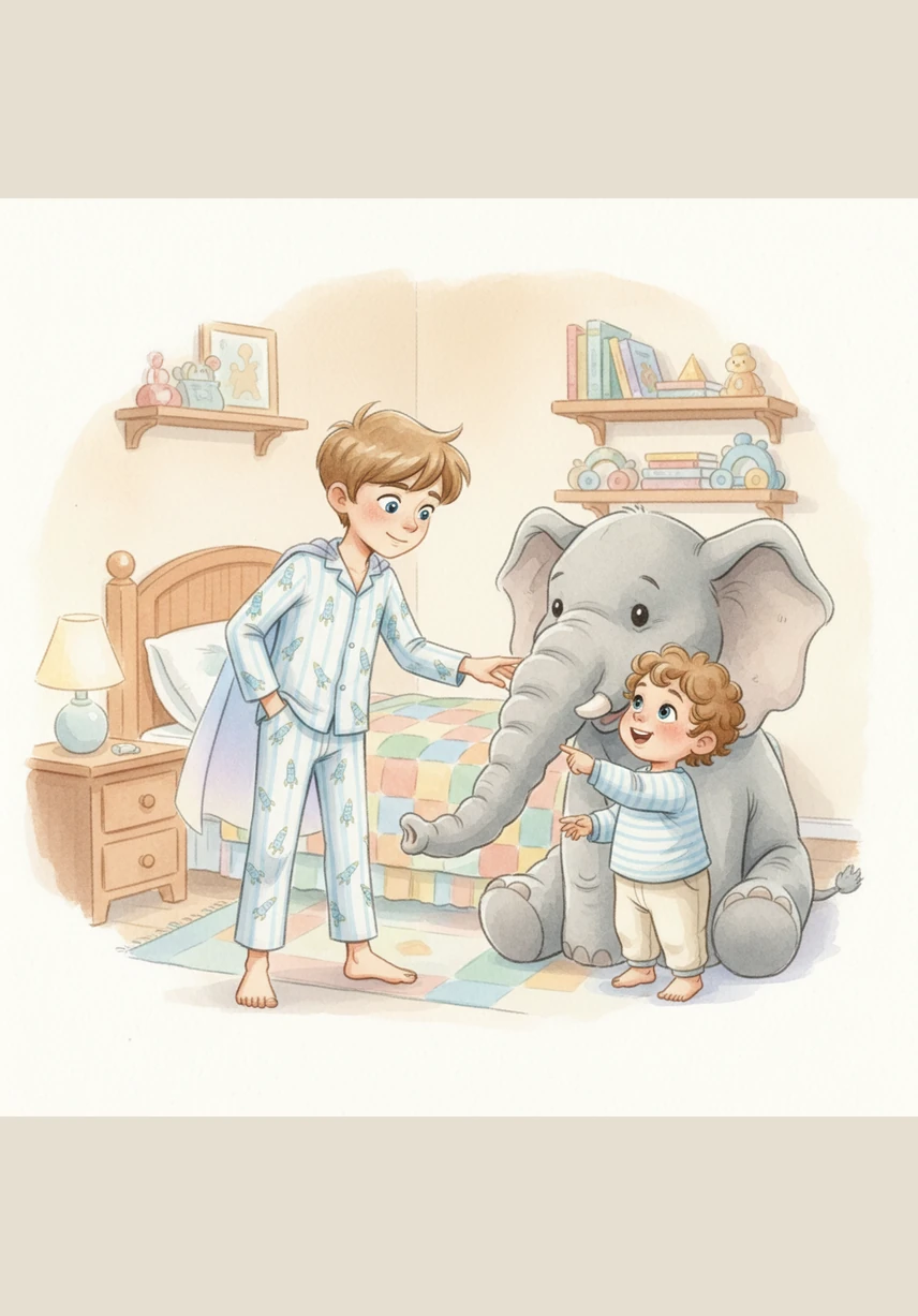 They stop in front of Ellie, the big stuffed elephant who sits at the end of Jamir’s bed. Jamir points excitedly at Ellie’s long, plush trunk, which looks a little bit lumpy tonight.