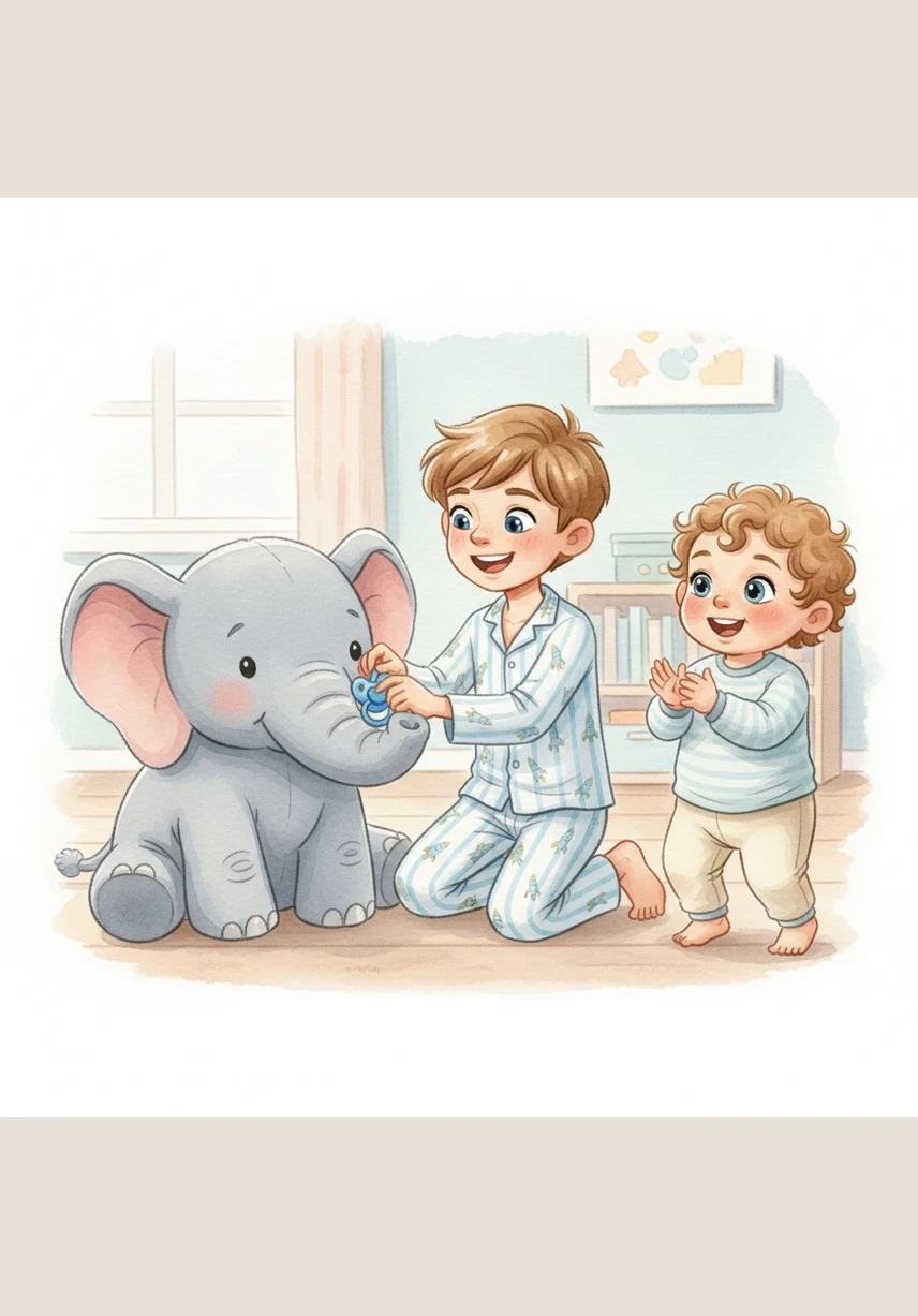 Jayce reaches into the secret fold of the elephant’s trunk and pulls out the lost blue pacifier with a triumphant grin. Jamir does a happy toddler dance, clapping his hands in pure joy.