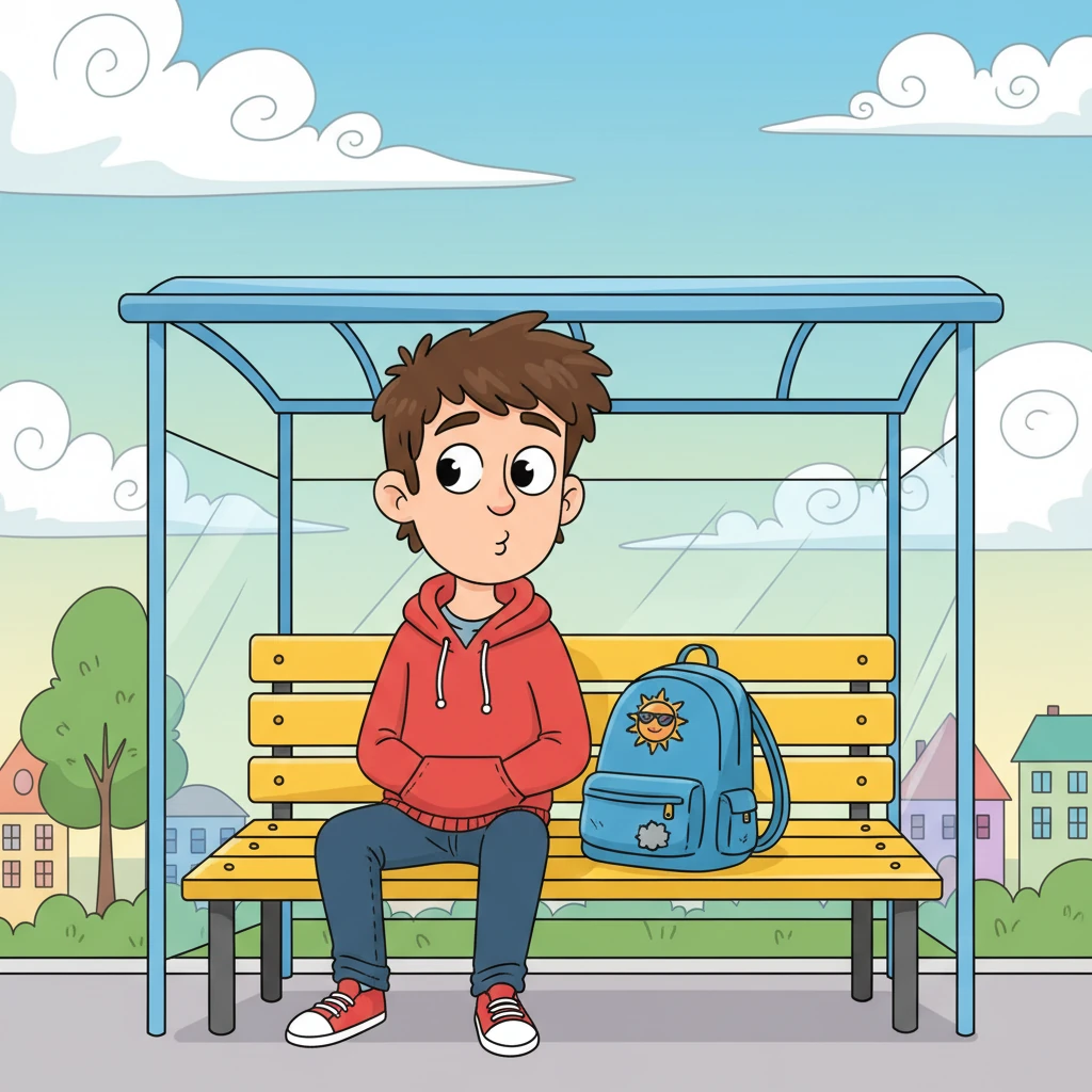 Leo, a young man with a bright red hoodie and messy brown hair, sits on a vibrant yellow bus stop bench. He looks a little pensive, with a soft sigh escaping his lips, as playful clouds drift by in the sky. His backpack, adorned with a quirky patch, rests beside him, hinting at an adventure waiting to unfold.