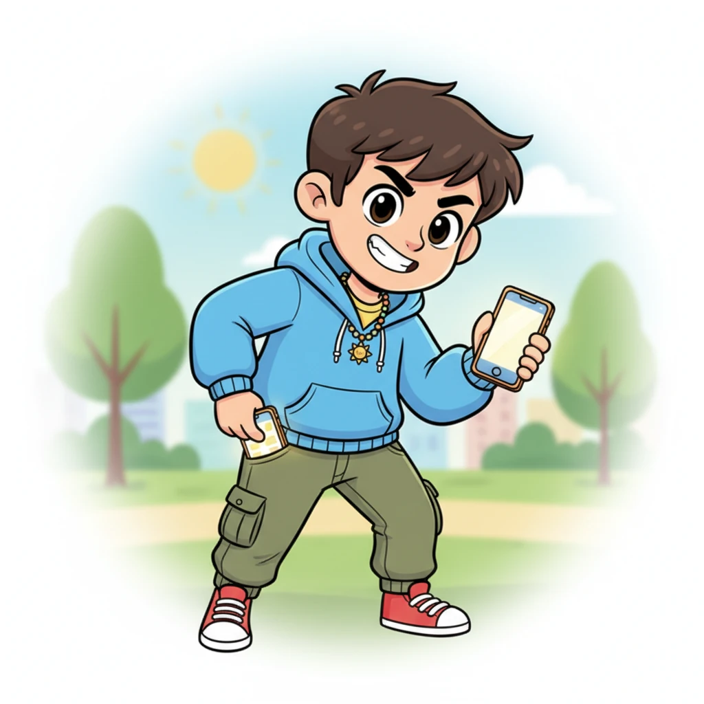 A spark of an idea lights up Leo's expressive eyes, and a mischievous grin begins to spread across his face. He eagerly reaches into his pocket, pulling out his brightly colored smartphone. The world around him seems to fade as his attention focuses solely on the device, anticipation bubbling within him.