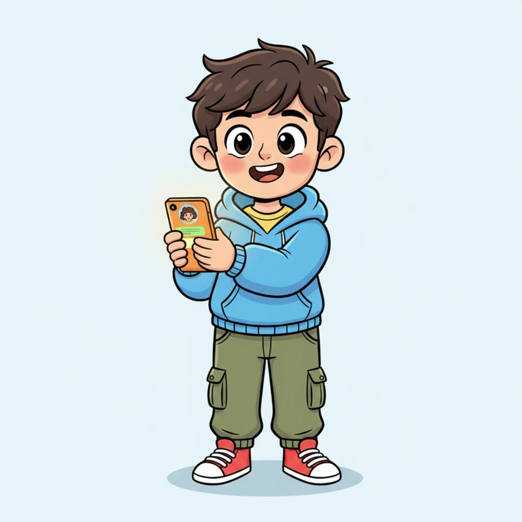 The phone screen glows with a cheerful, bubbly messenger app open. At the very top, a whimsical profile icon of a smiling girl is visible next to the name 'She.' Leo's heart does a little flip as he gazes at the familiar chat, a warm feeling spreading through his chest.