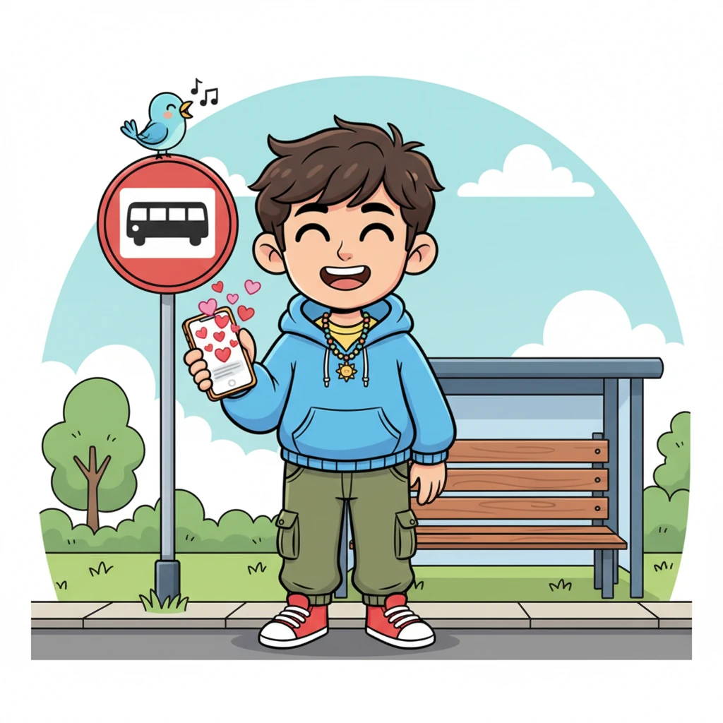 A brand new message bubble pops up on the screen, filled with whimsical heart emojis and a sweet, encouraging text from 'She.' Leo's eyes widen slightly in surprise, then crinkle with pure joy. A tiny, cartoon bird lands on the bus stop sign, chirping happily in sync with his mood.