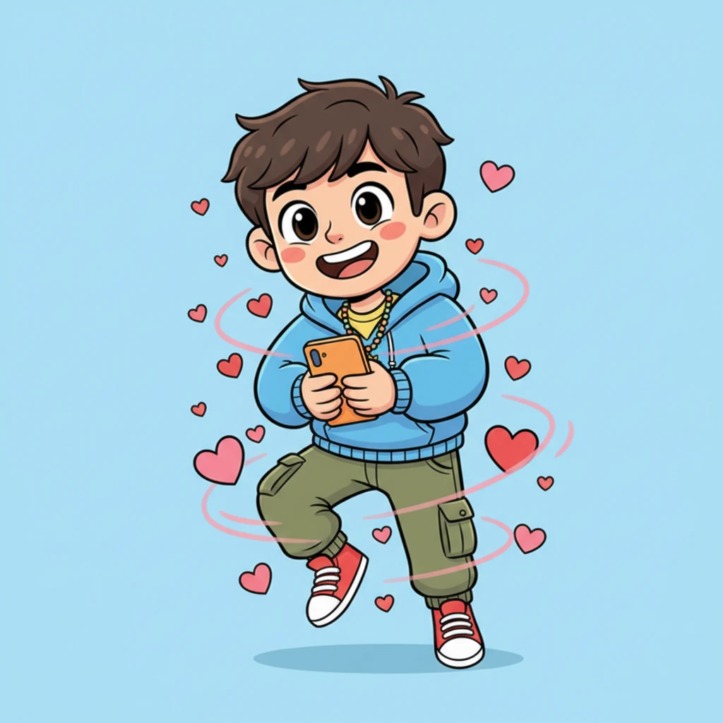 Leo's face transforms into a picture of pure, unadulterated happiness, his cheeks turning a rosy pink. He clutches the phone a little tighter, a huge, goofy grin stretching from ear to ear. His whole body practically vibrates with excitement, a playful aura of hearts swirling around him.