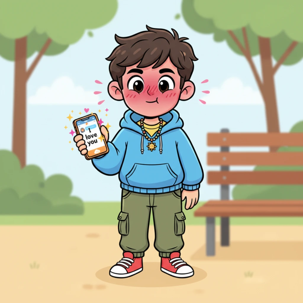 The words 'I love you' appear boldly in the message draft, surrounded by little animated sparkles. Leo's expression is a mix of adorable shyness and overwhelming affection. A bright pink blush spreads across his face, making him look utterly charming and endearing.