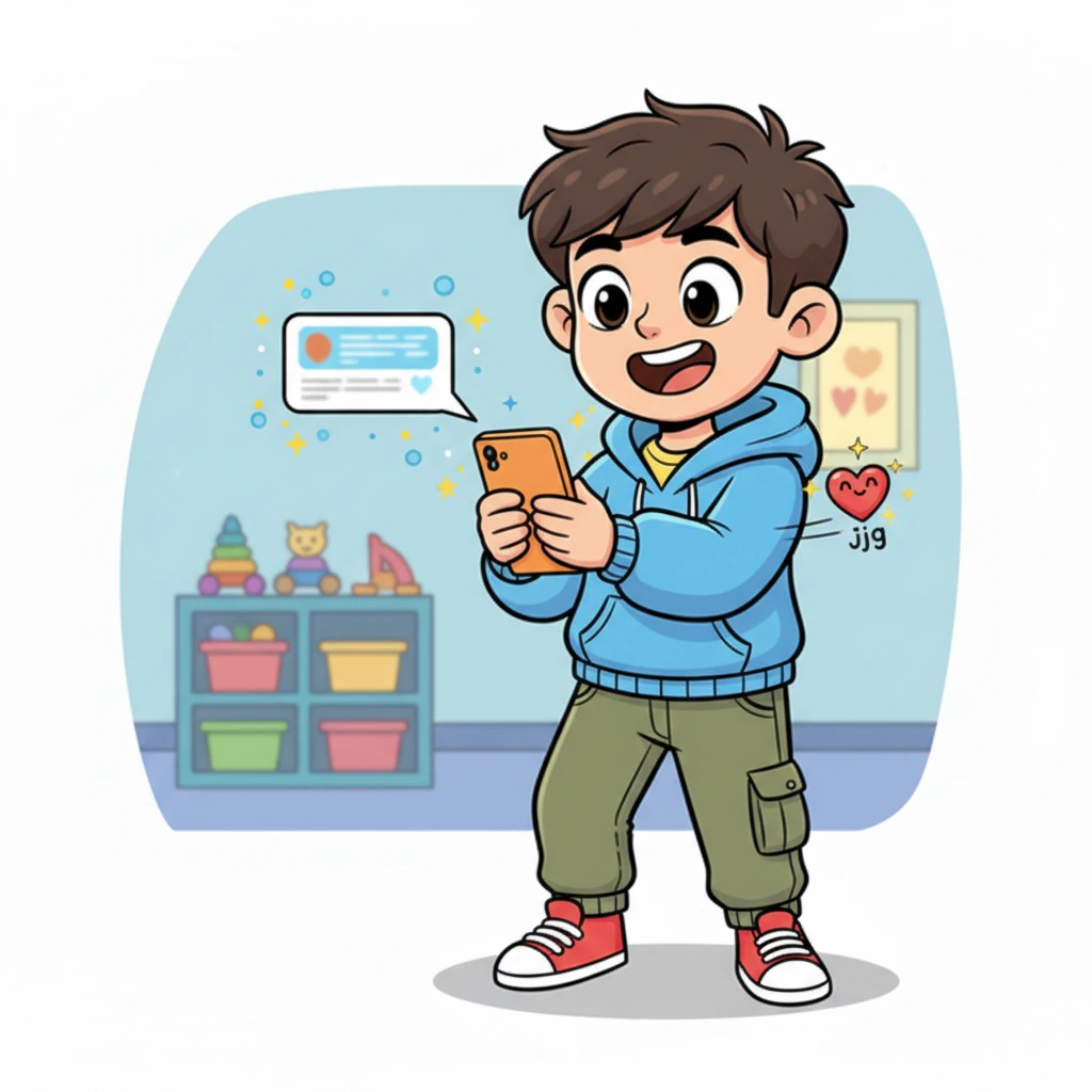 With a joyful gasp and a final, brave tap, Leo presses the send button. The message bubble playfully zips across the screen, disappearing into the chat history. He watches it go, a wave of relief and exhilaration washing over him, his heart doing a happy little jig.