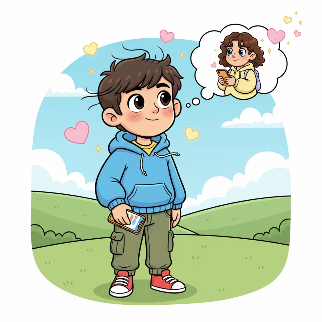 Leo slowly lowers his phone, a dreamy, faraway look in his eyes as he stares into the distance. He imagines 'She' reading his message, her own face lighting up with a similar joyful blush. A gentle breeze ruffles his hair, carrying away his happy thoughts.