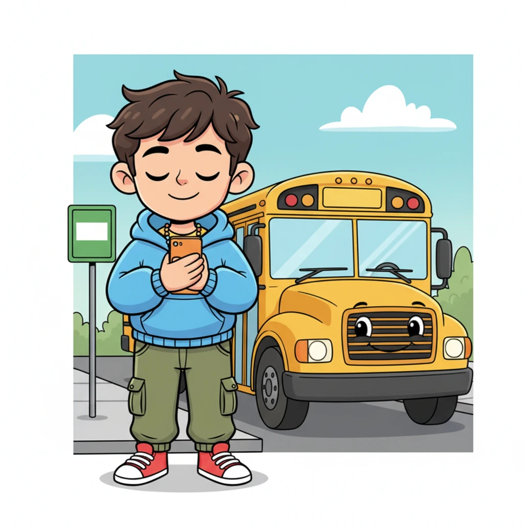 The bright yellow bus finally pulls up to the stop, its friendly face smiling. Leo, still lost in his sweet reverie, gently presses the phone to his chest, a secret smile playing on his lips. He stands up, ready to board, carrying his newfound happiness with him, ready for wherever the day takes him.