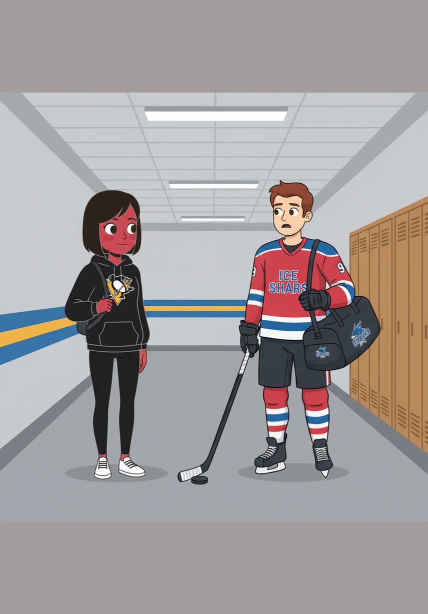 After the game, Maya waits in the concrete hallway near the lockers for her father, Sidney Crosby. Macklin walks out carrying his gear, stops in his tracks when he sees her, and strikes up a nervous, sweet conversation about the game.