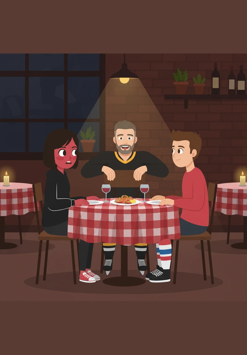 They finally sit down for a dinner date at a dimly lit Italian bistro, hoping for a private evening. Suddenly, Sidney Crosby pulls up a chair between them with a cheeky grin, insisting on sharing an appetizer and checking in on his daughter.