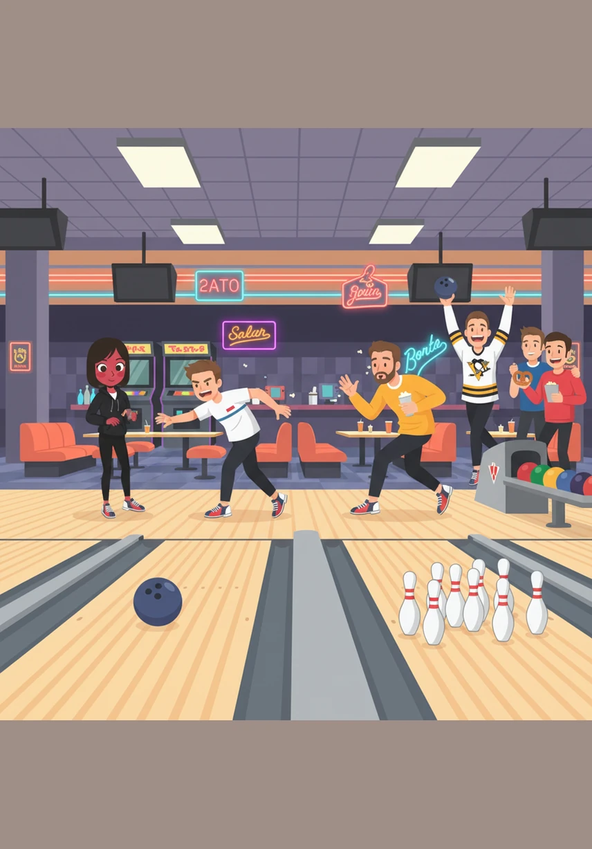 Their next attempt at a date takes them to a retro bowling alley, where Macklin tries to impress her with a strike. The moment is cut short when Sidney and several Penguins teammates accidentally show up in the next lane, turning the date into a loud, competitive family affair.