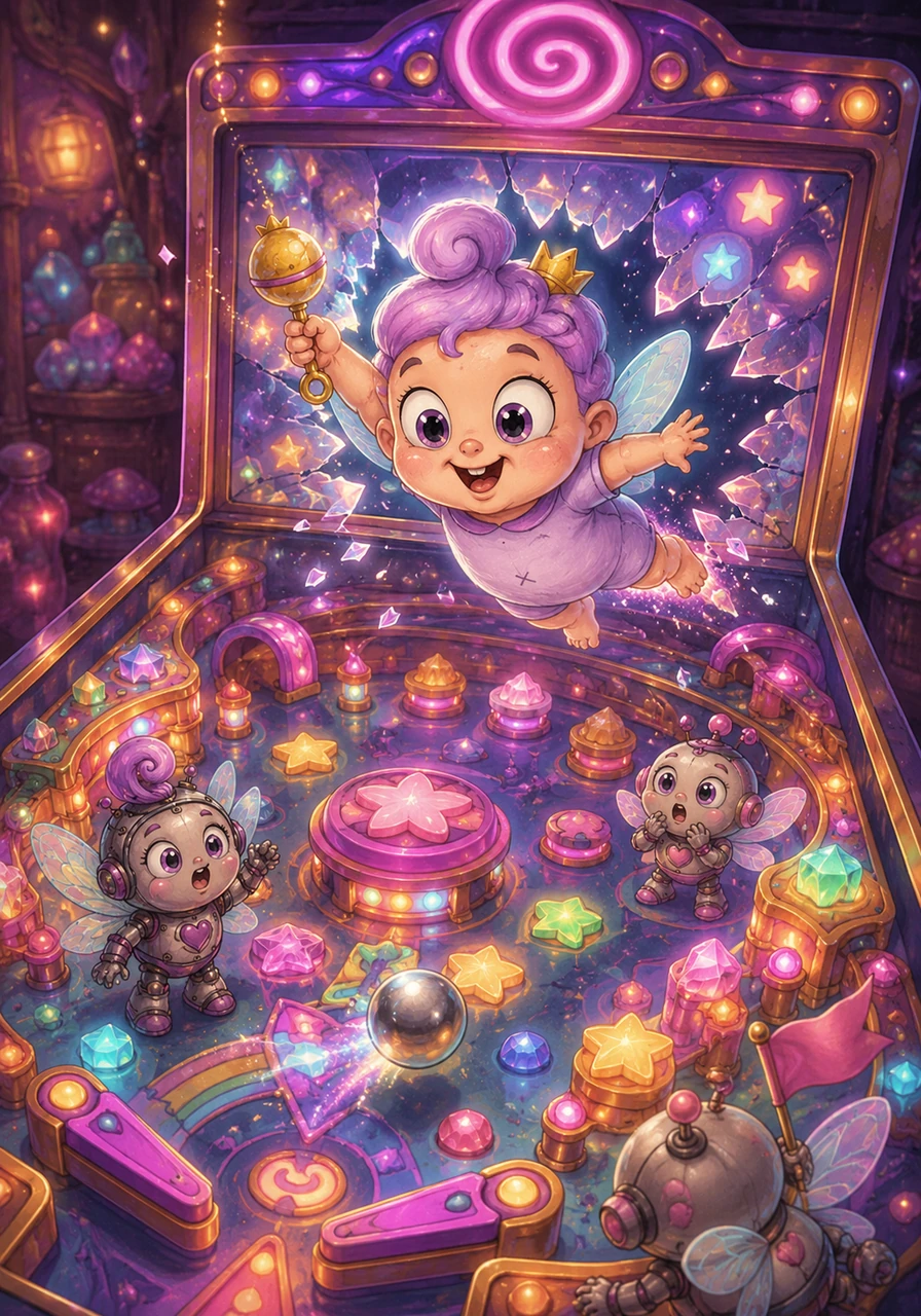 Baby Poof floats curiously toward a glowing, neon-colored pinball machine tucked away in a corner of Fairy World. With a tiny giggle and a wave of his rattle, he accidentally poofs himself right through the glass and into the game. He looks around in wonder at the vibrant, candy-coated world surrounding him.
