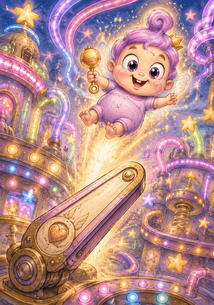 Suddenly, a giant, sparkling flipper swings upward and launches Poof into the air. He squeals with delight as he zooms past spinning stars and glowing neon pipes. The entire machine hums with magical energy as Poof becomes the star player in this chibi wonderland.