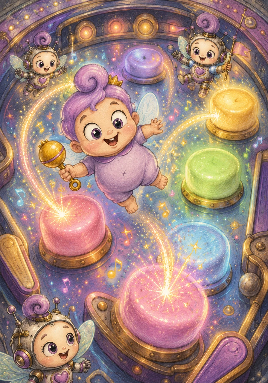 Poof bounces off a series of soft, marshmallow-shaped bumpers that light up in rainbow colors with every touch. Each hit releases a shower of glitter and a musical chime that echoes through the machine. He uses his tiny wings to steer himself, enjoying the rhythmic 'boing' sounds of the game.