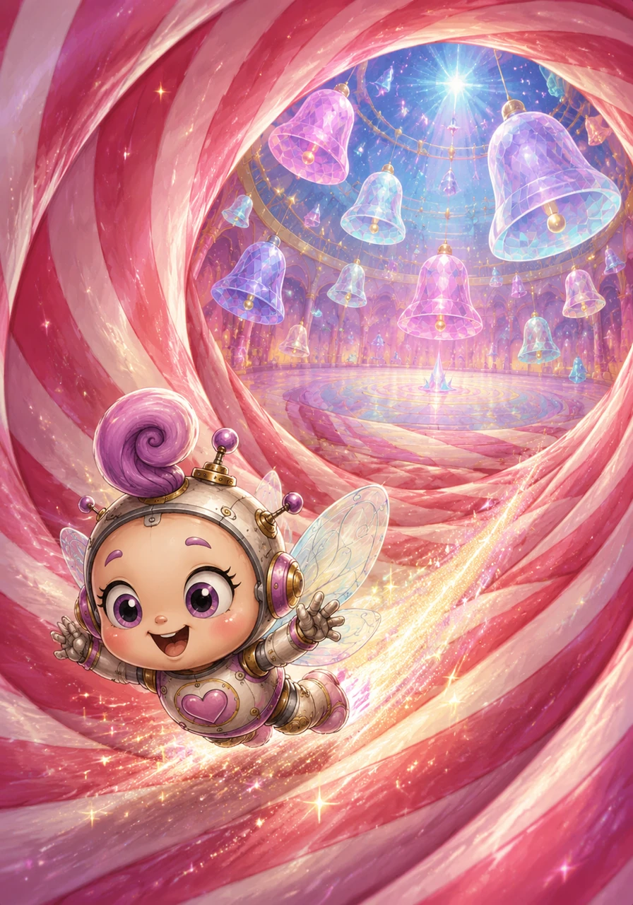 He zooms into a swirling peppermint tunnel that smells like sweet sugar and magic. As he slides through the spiral, his round body picks up speed, leaving a trail of sparkling fairy dust behind him. The tunnel opens up into a wide arena filled with floating crystal bells.