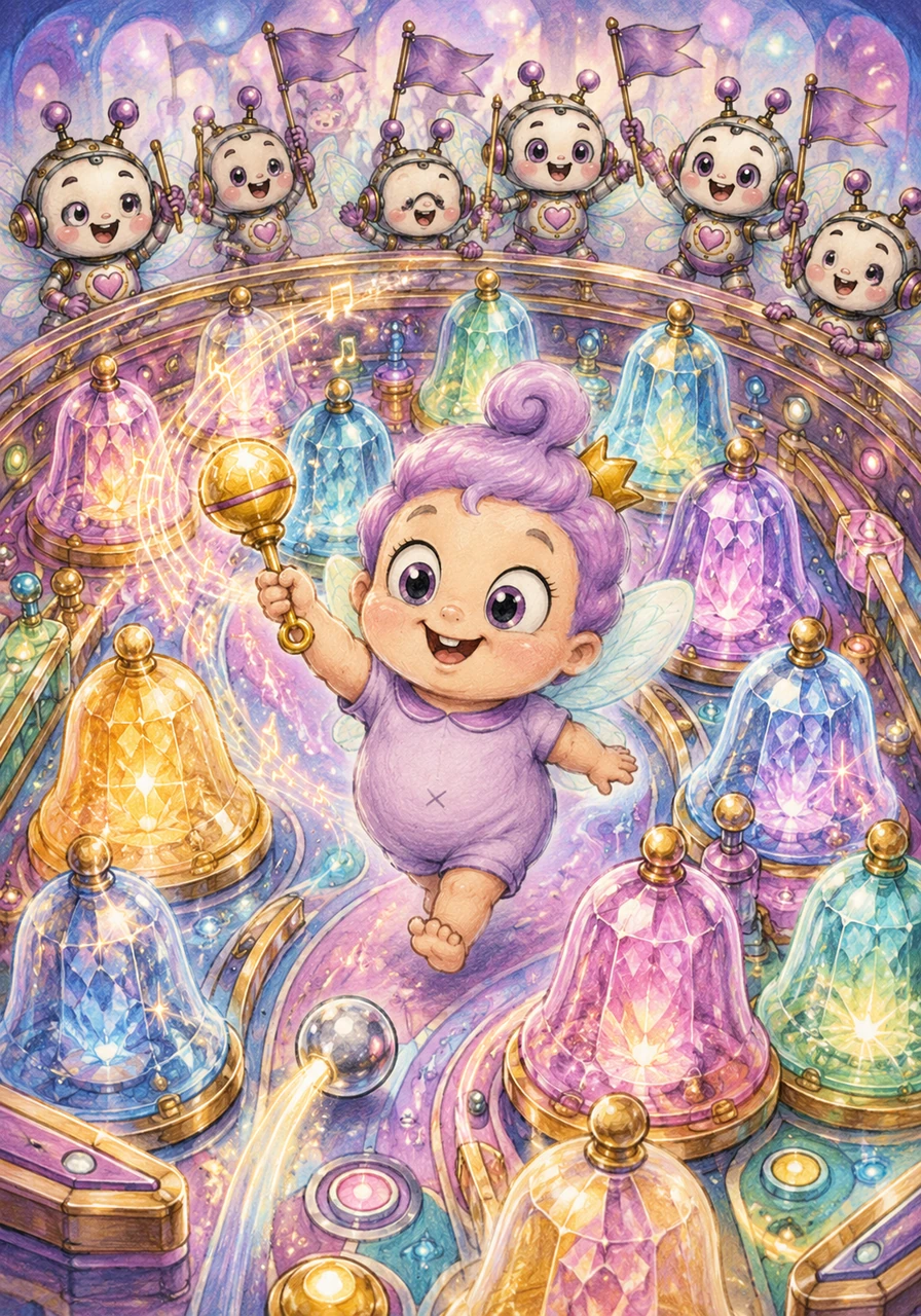 Poof maneuvers through the maze of crystal bells, tapping each one to create a beautiful melody. A group of tiny, chibi-style fairy bots appear on the sidelines, waving tiny flags and cheering for him. He waves his rattle back, feeling like a true hero of the pinball world.